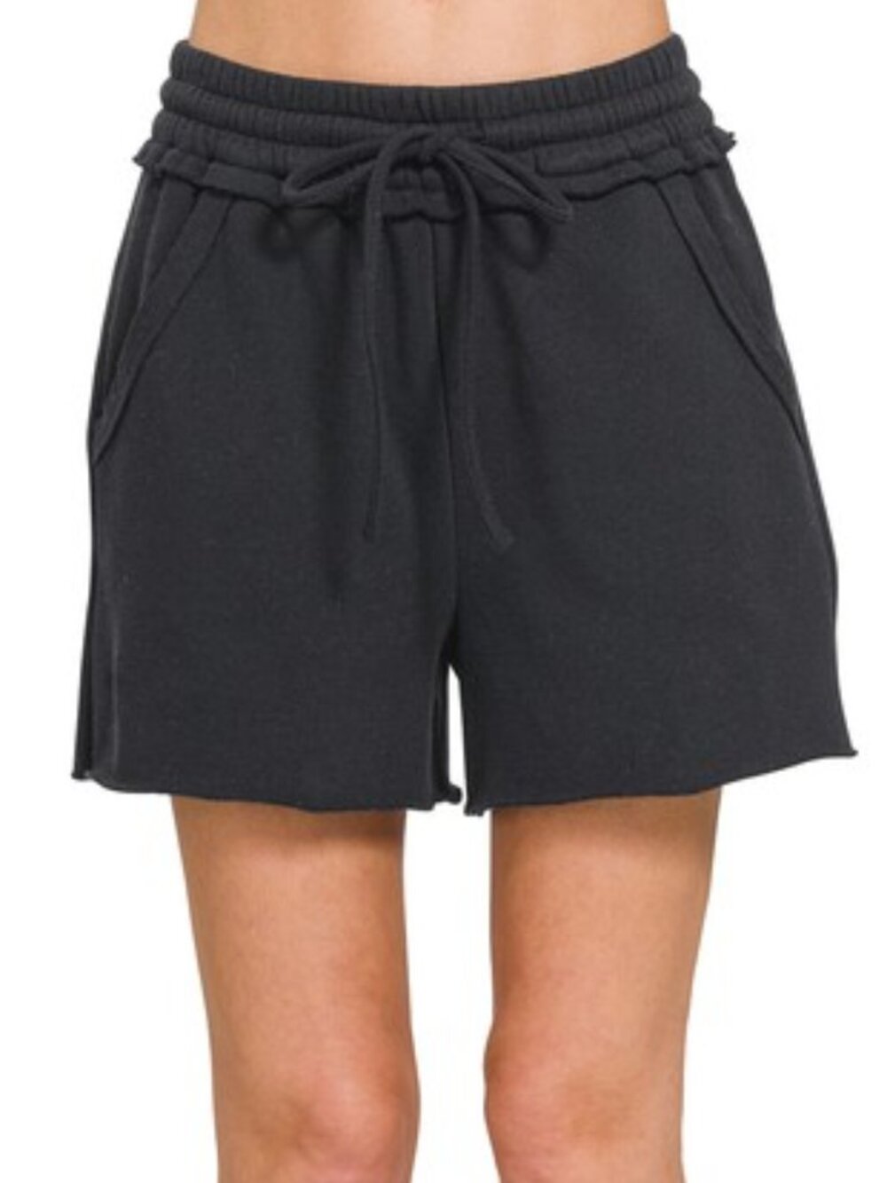 B112 Fleece Raw Hem Shorts With Draw String in Black NEW